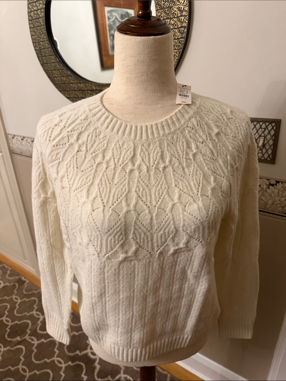 NEW w tags Talbots petite Medium Women’s Cream Cable Knit Sweater cotton wool